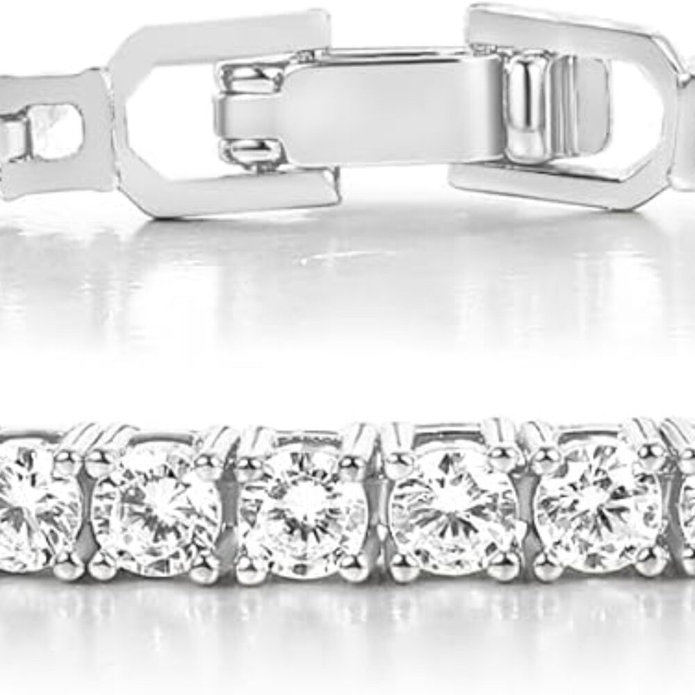 4 Prong Tennis Bracelet, 18K White/Yellow Gold Plated 3mm Round Cubic Zirconia B
